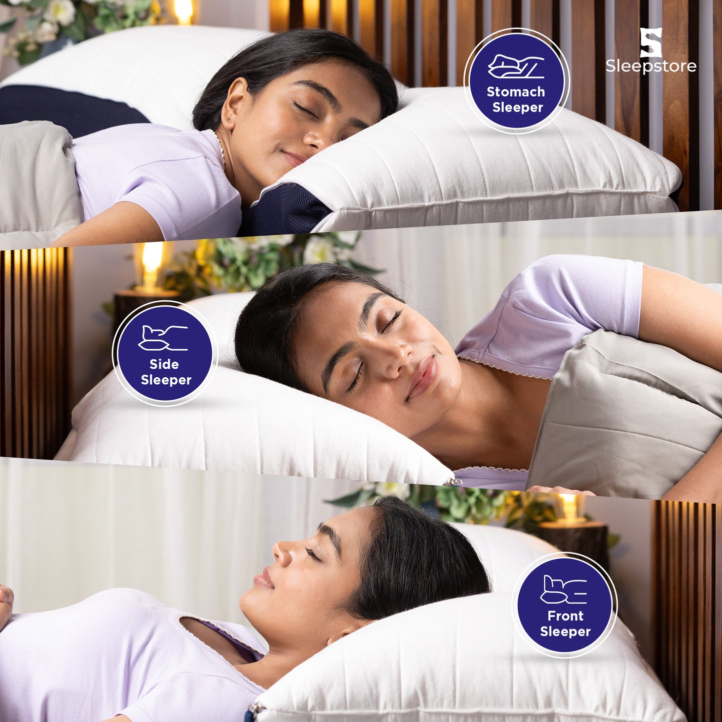 Woman using Granules Adjustable Pillow in stomach, side, and front sleeping positions for personalized comfort and support