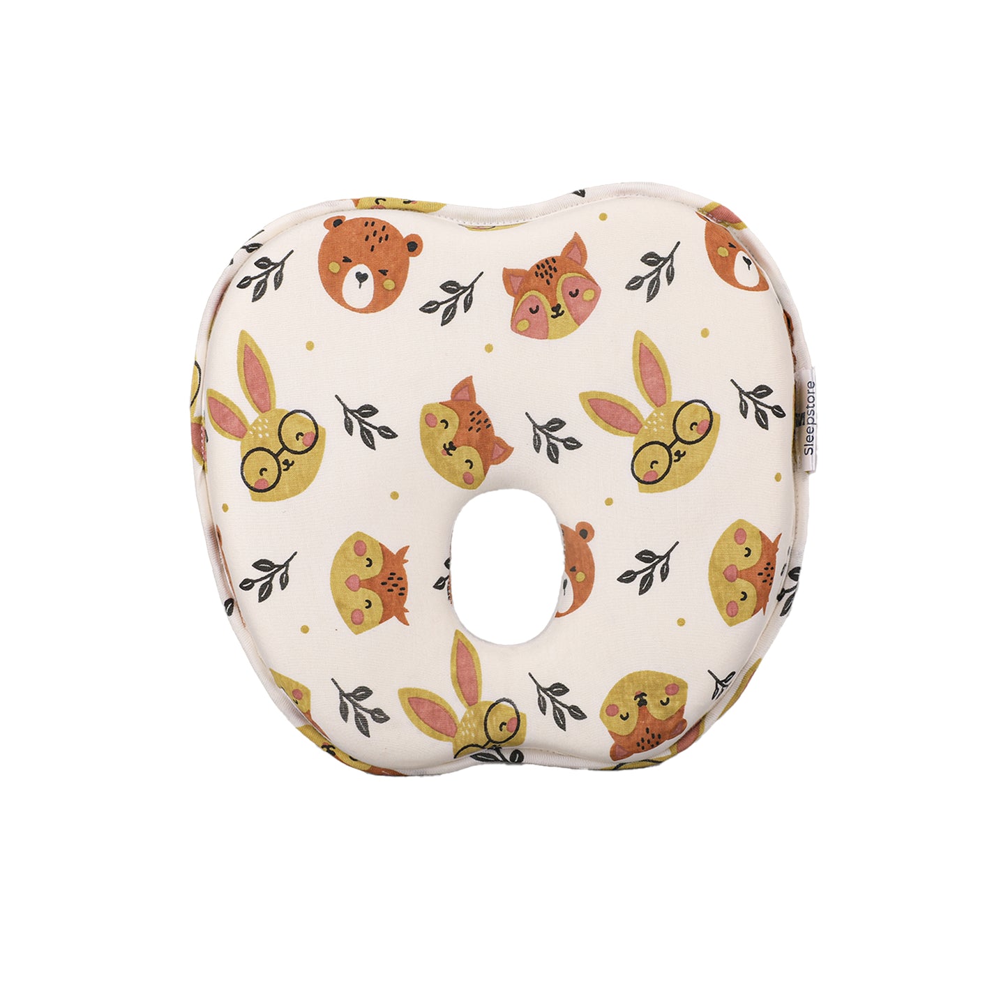Baby pillow with cute animal prints and central hole for head support and shaping.