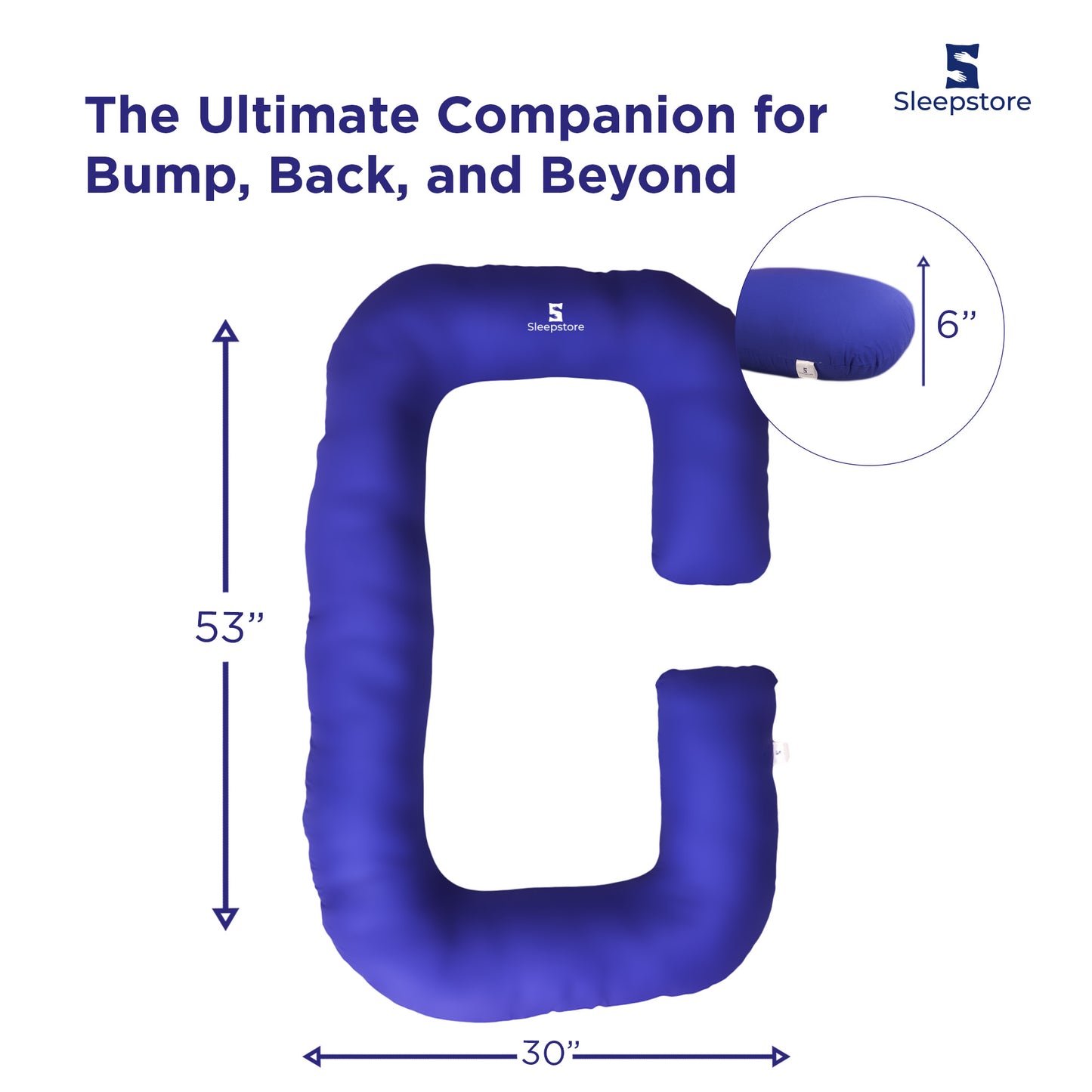 Blue C-shaped maternity pillow with size dimensions 53x30 inches and 6-inch depth.