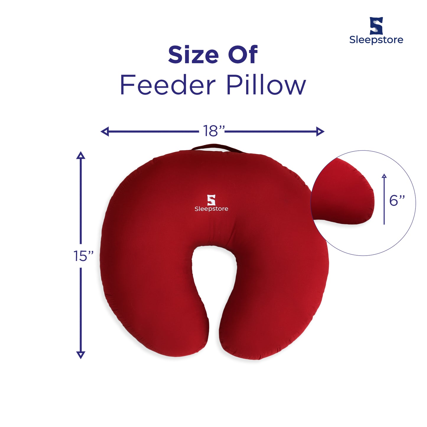 Red Sleepstore feeder pillow with size dimensions 18x15x6 inches shown.
