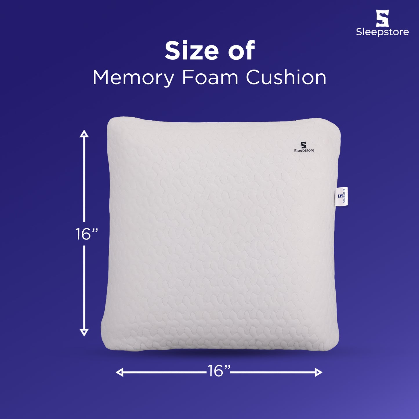 Memory foam cushion with dimensions on a blue background, featuring the Sleepstore brand.