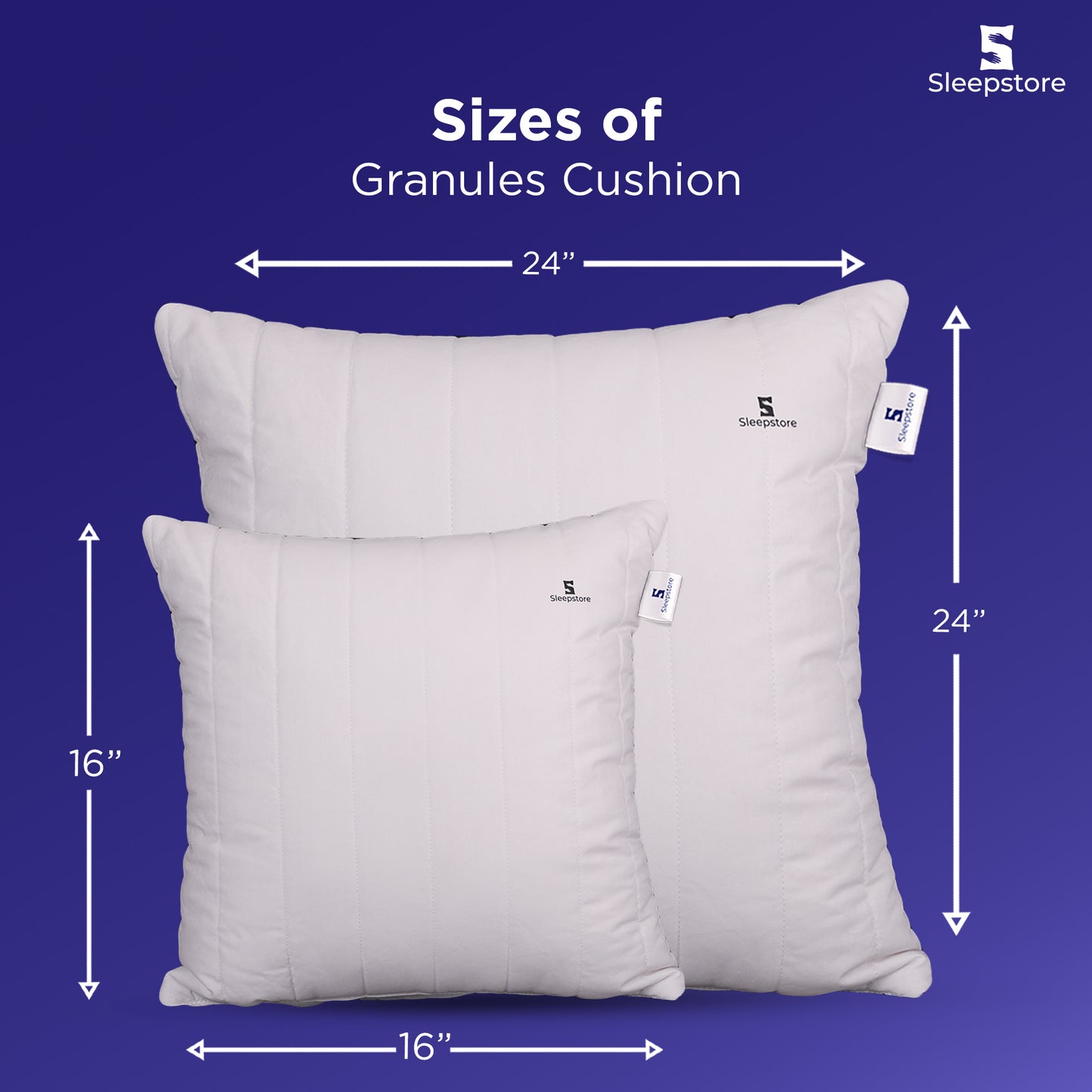 Sleepstore granules cushions in 16x16 and 24x24 inch sizes displayed on blue background.