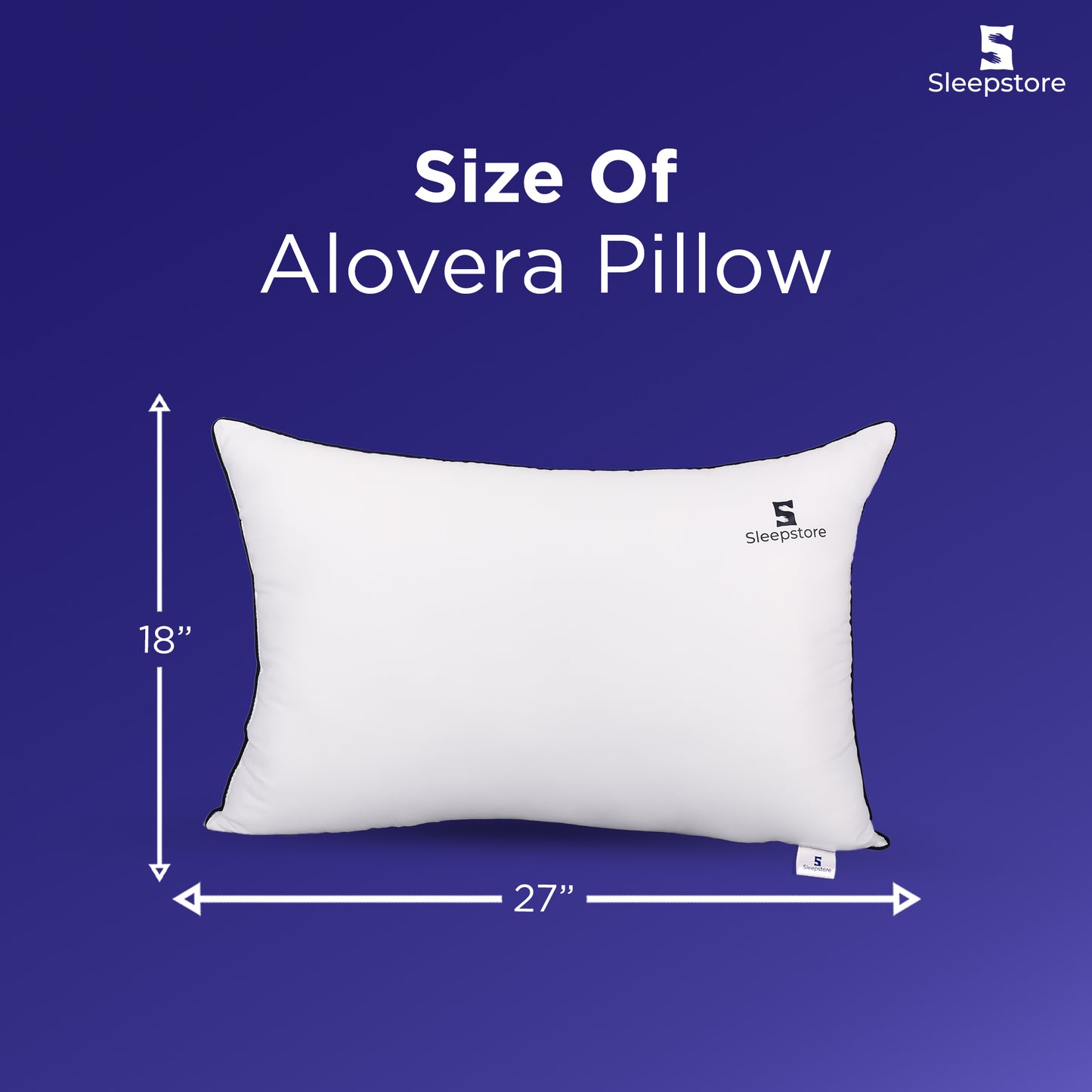 White Sleepstore aloe Vera pillow with dimensions 18x27 inches shown on a blue background.