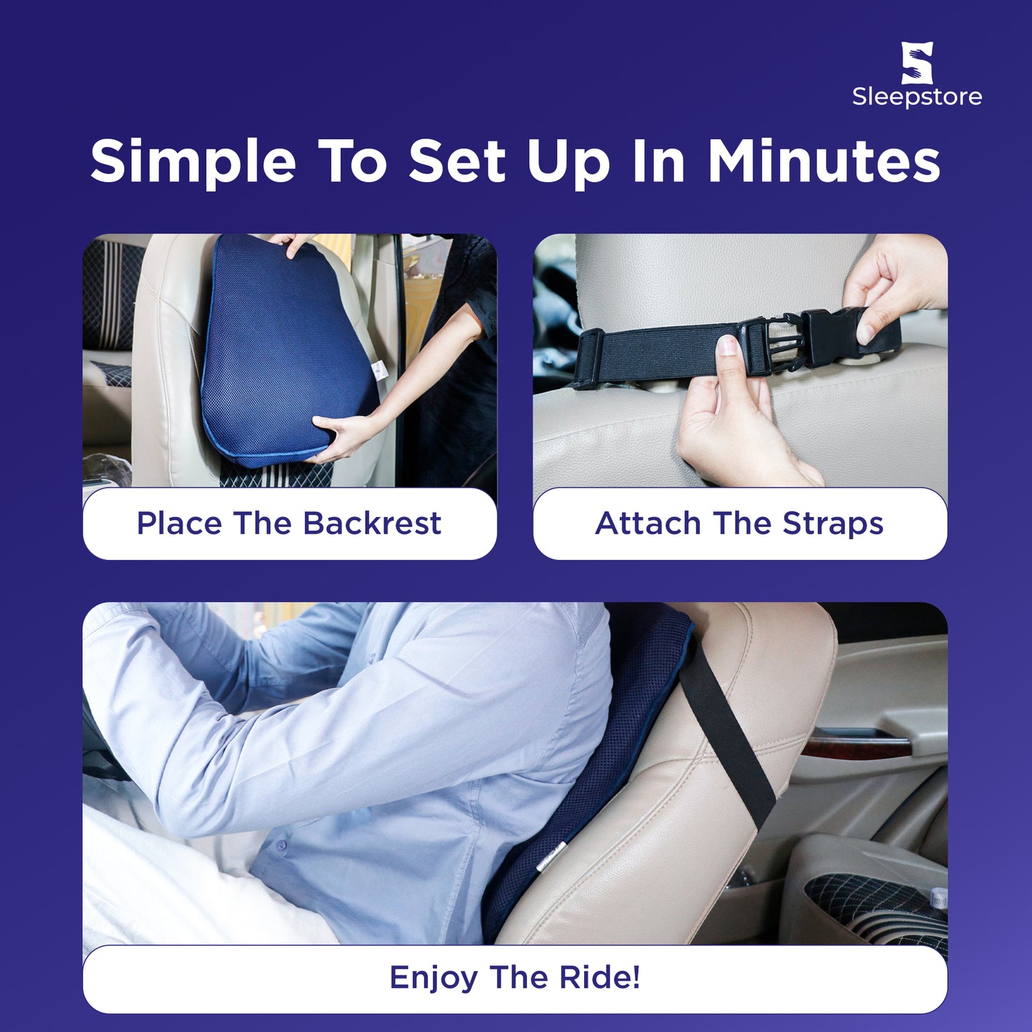 Step-by-step guide showing how to set up a car backrest pillow with straps for comfort.
