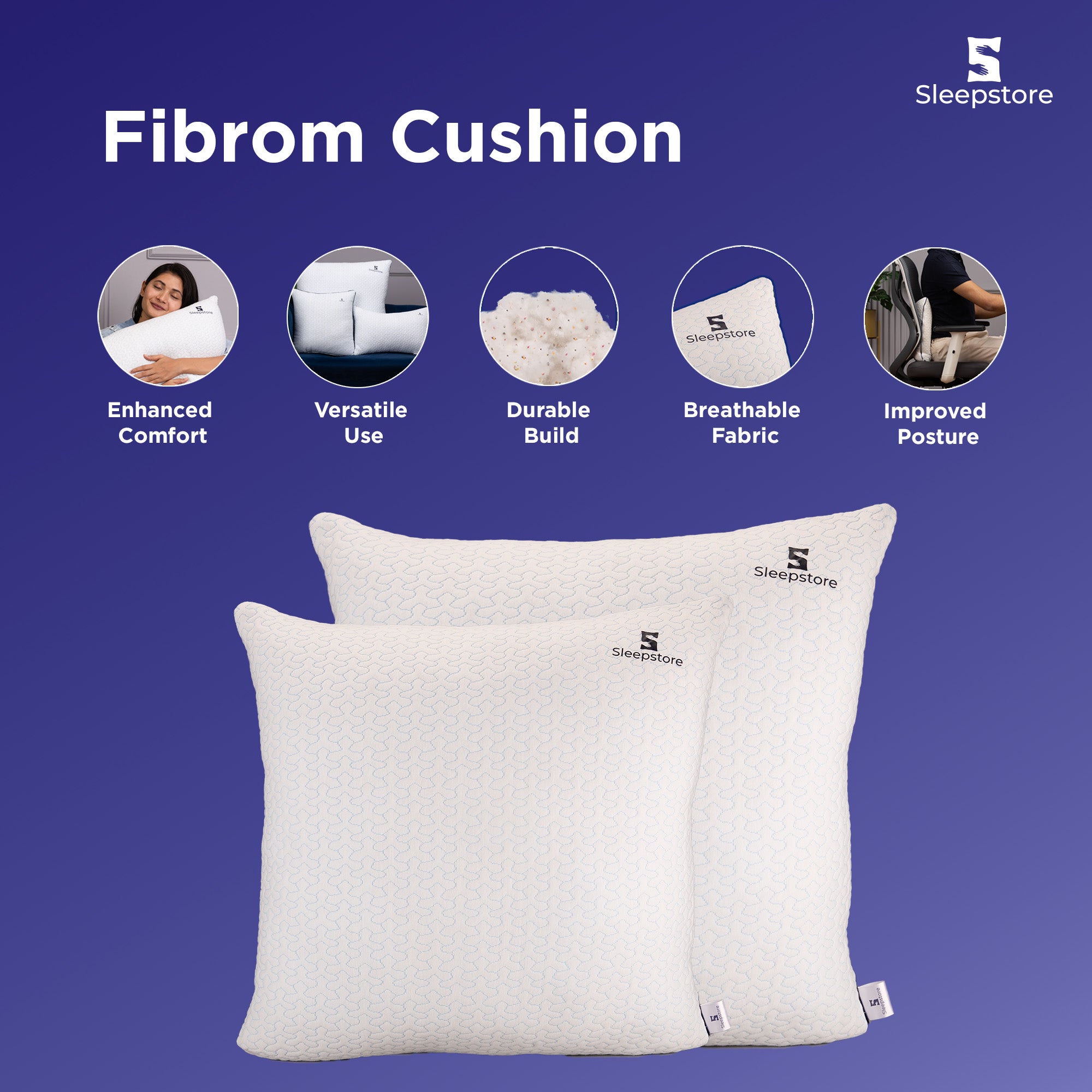 Two white Sleepstore Fibrom Cushions shown with features like comfort, durability, and posture support.