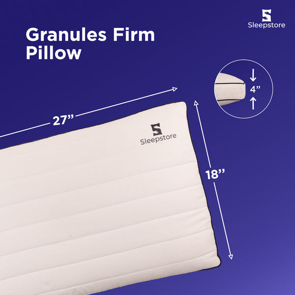 Sleepstore Granules Firm Pillow with 27x18x4 inch dimensions on blue background