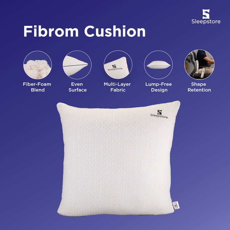 White Sleepstore Fibrom Cushion with fiber-foam blend, multi-layer fabric, and shape retention.