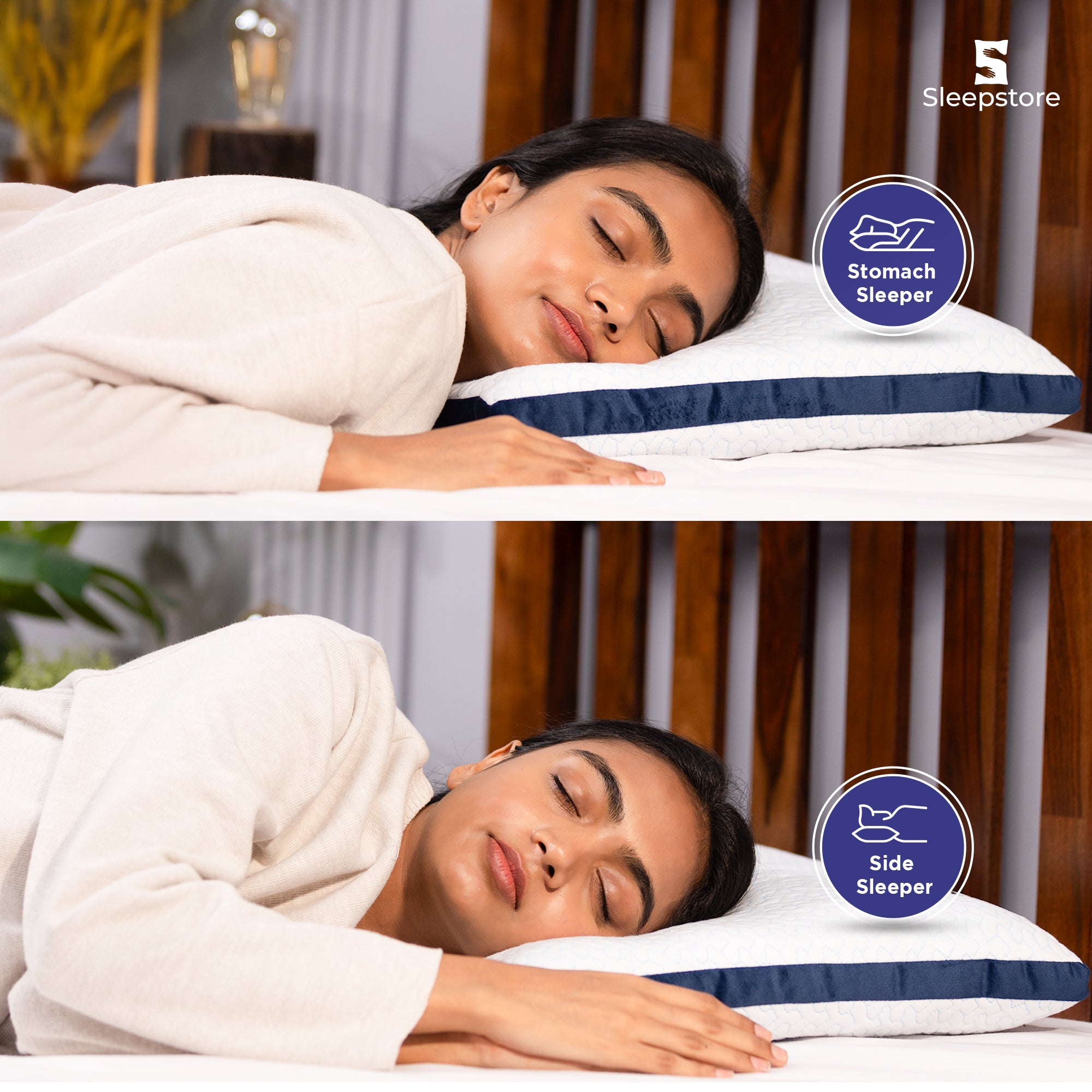 Woman sleeping on Sleepstore slim pillow, suitable for stomach and side sleepers.