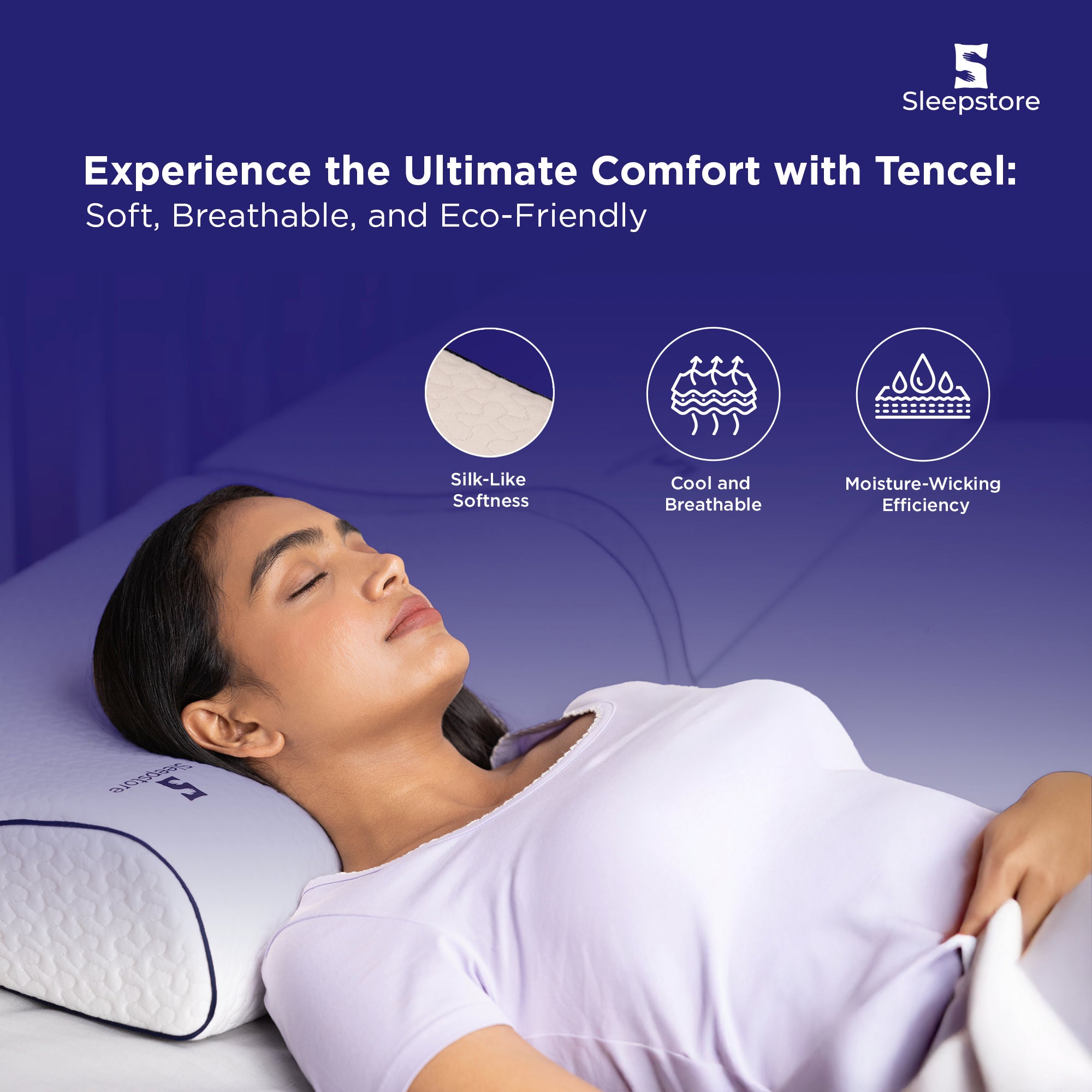Woman lying on a Tencel pillow with Sleepstore branding and product features listed.