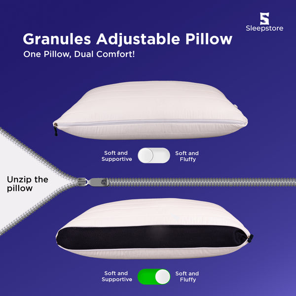 Granules Adjustable Pillow by Sleepstore with zippered design for customizable firmness, soft and supportive or fluffy comfort