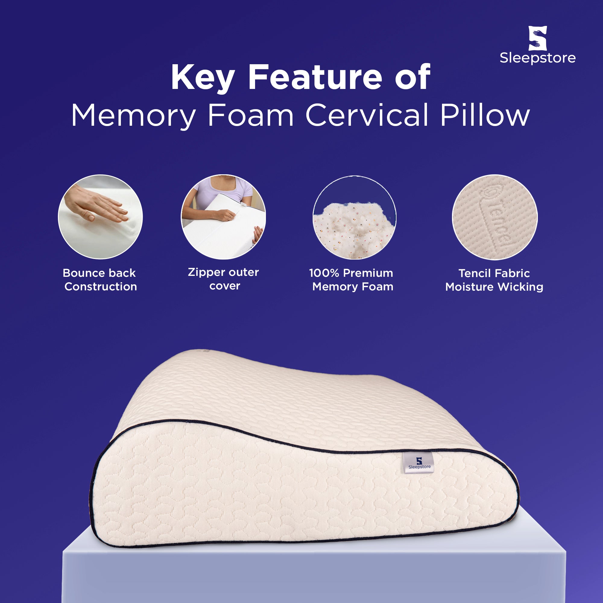 Memory foam cervical pillow with key features on a blue background