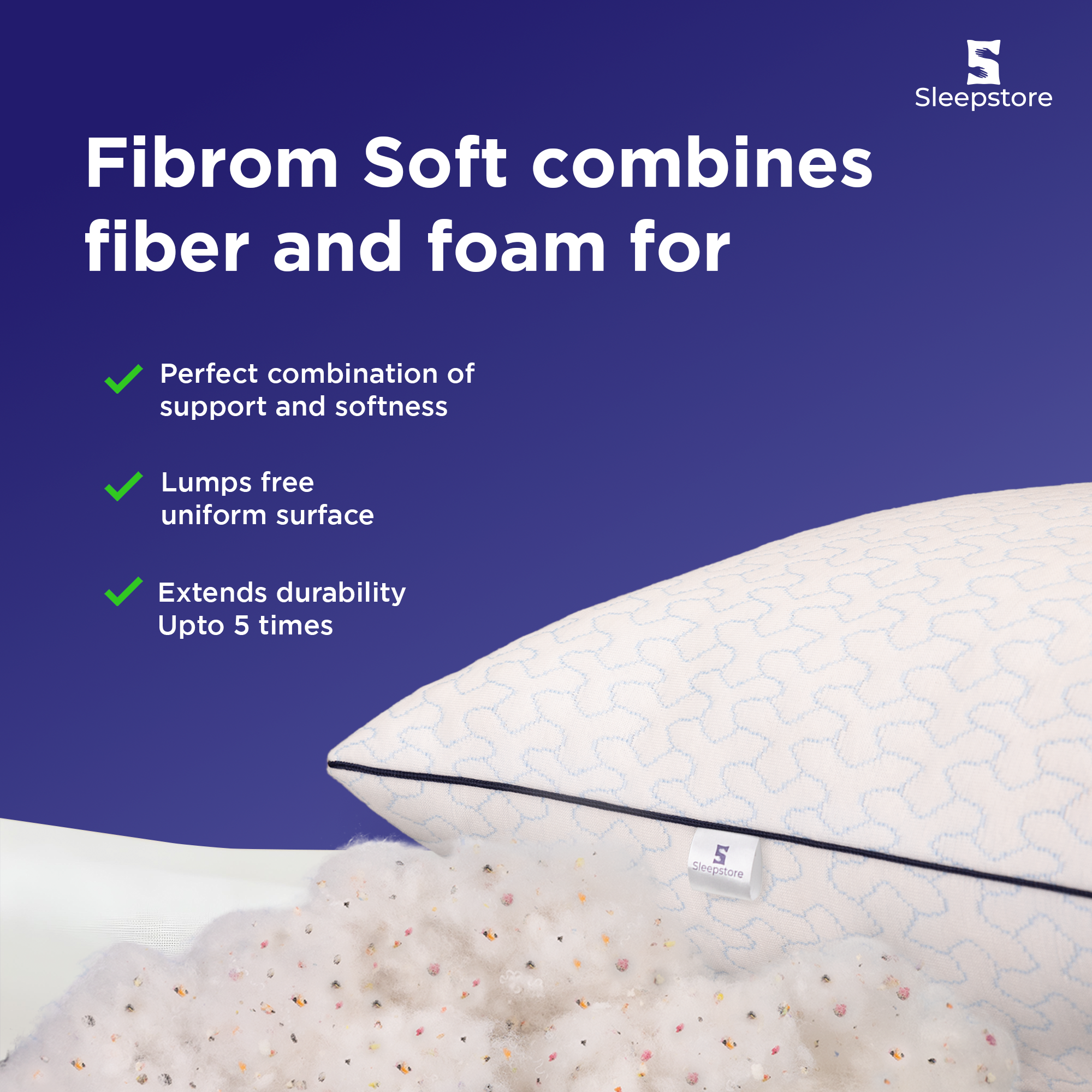 Sleepsotre Fibrom soft pillow with fiber and foam blend for comfort, support, durability