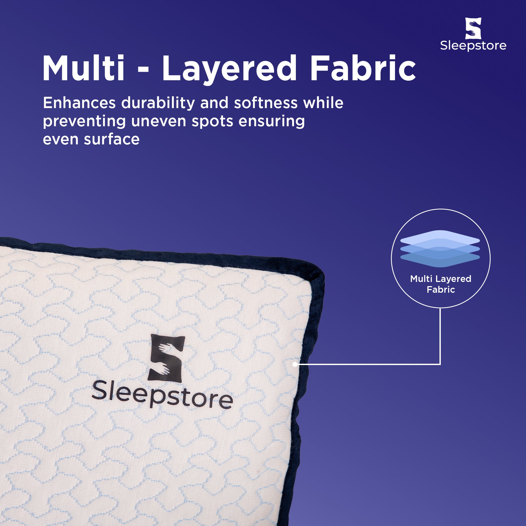 Sleepstore pillow with multi-layered fabric for durability, softness, and smooth support.