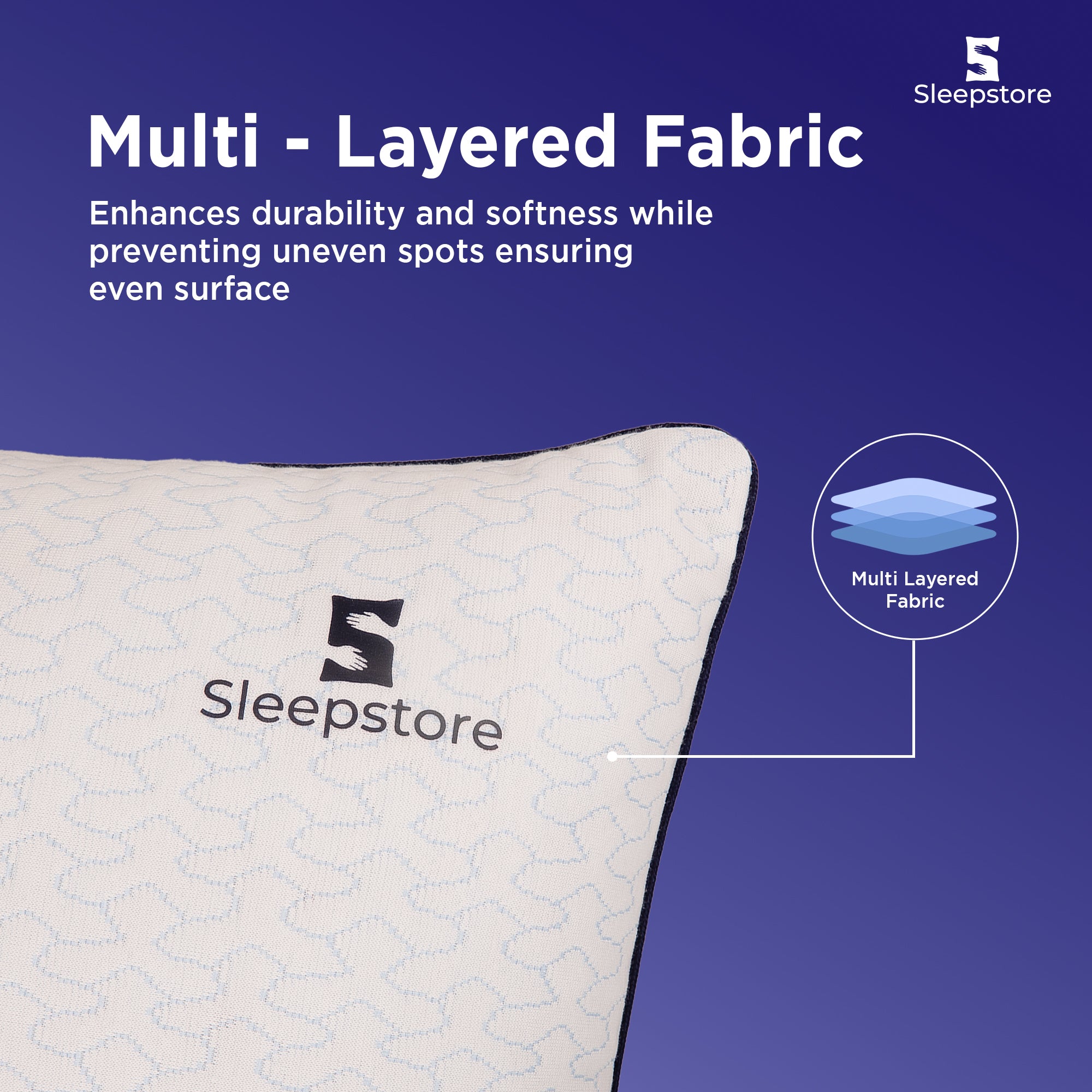 Sleepsotre pillow with multi-layered fabric for durability, softness and even surface