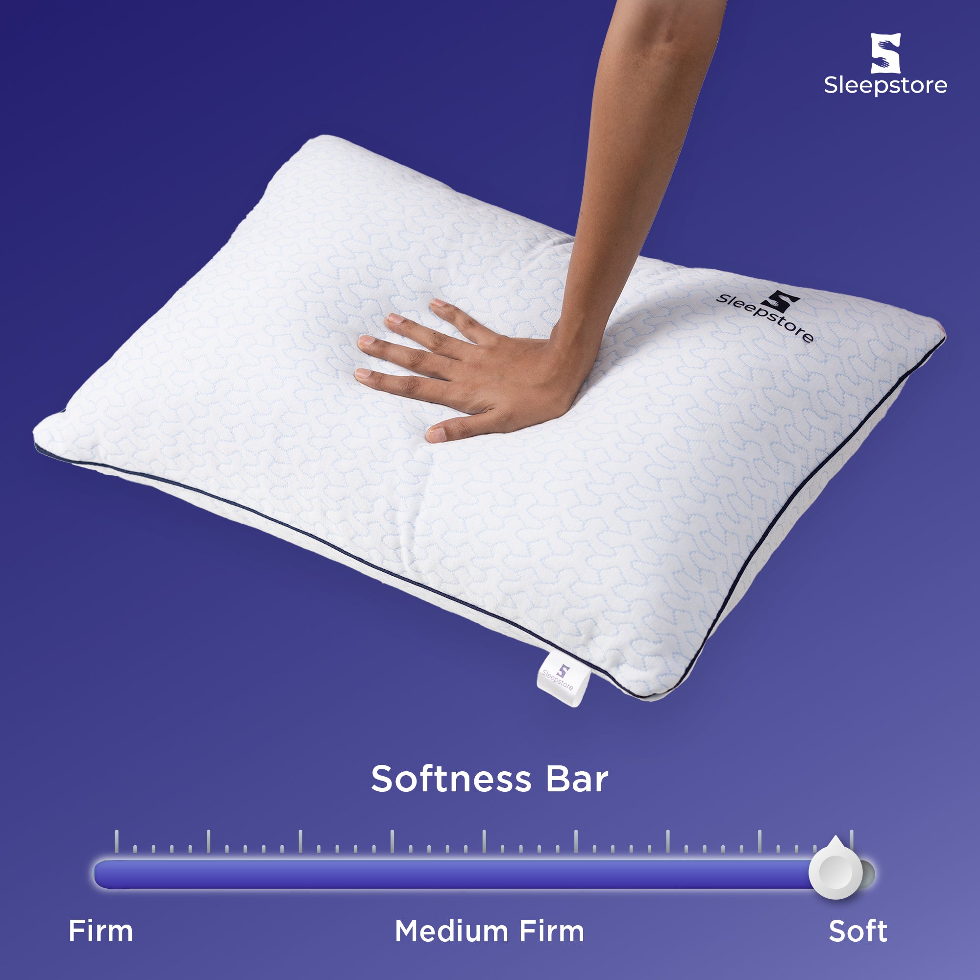 Sleepsotre soft pillow with hand press test showing medium to soft comfort support