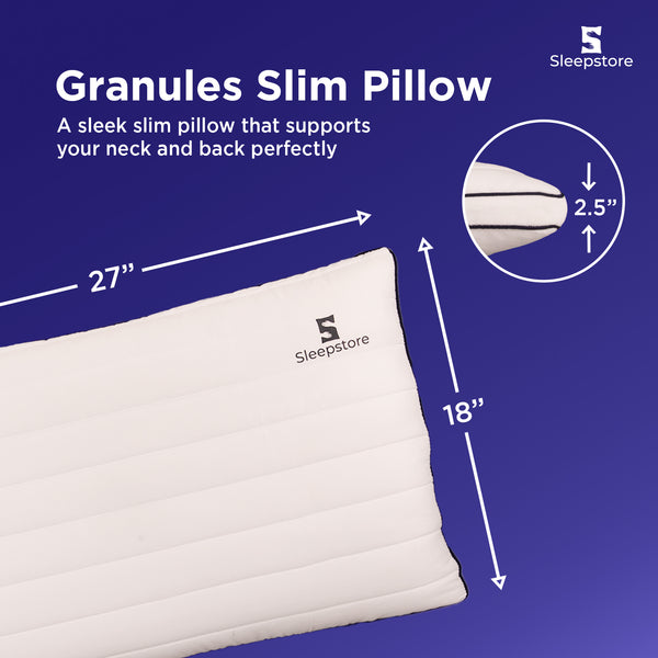 Granules Slim Pillow, 27x18 inches, 2.5-inch thick, sleek design for neck and back support.