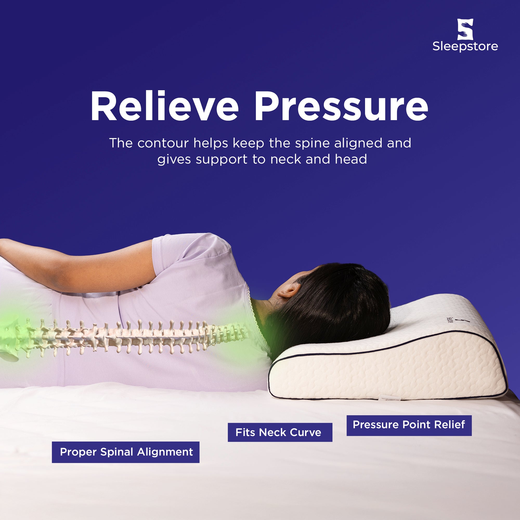Person lying on a mattress with a Sleepstore pillow, emphasizing pressure relief and spinal alignment.