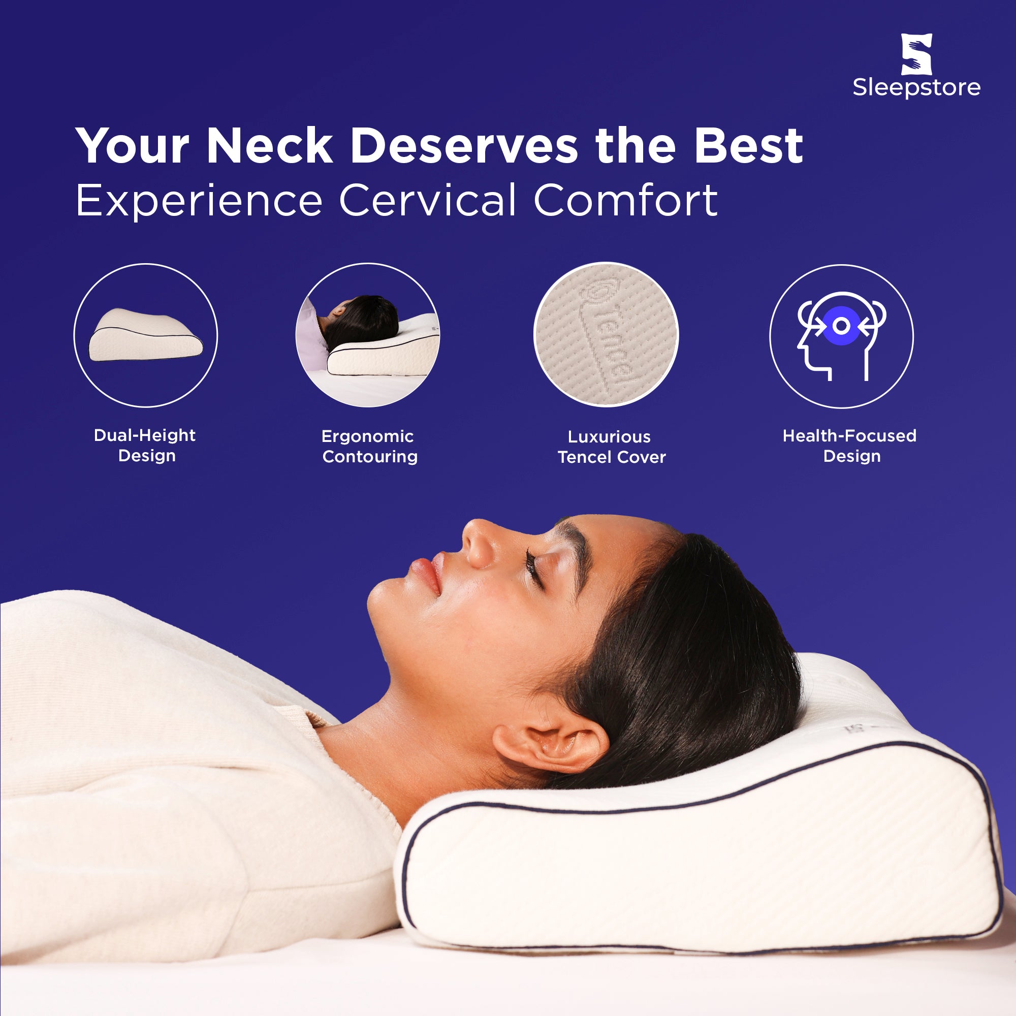 Woman lying on a cervical pillow with Sleepstore branding and product features listed.