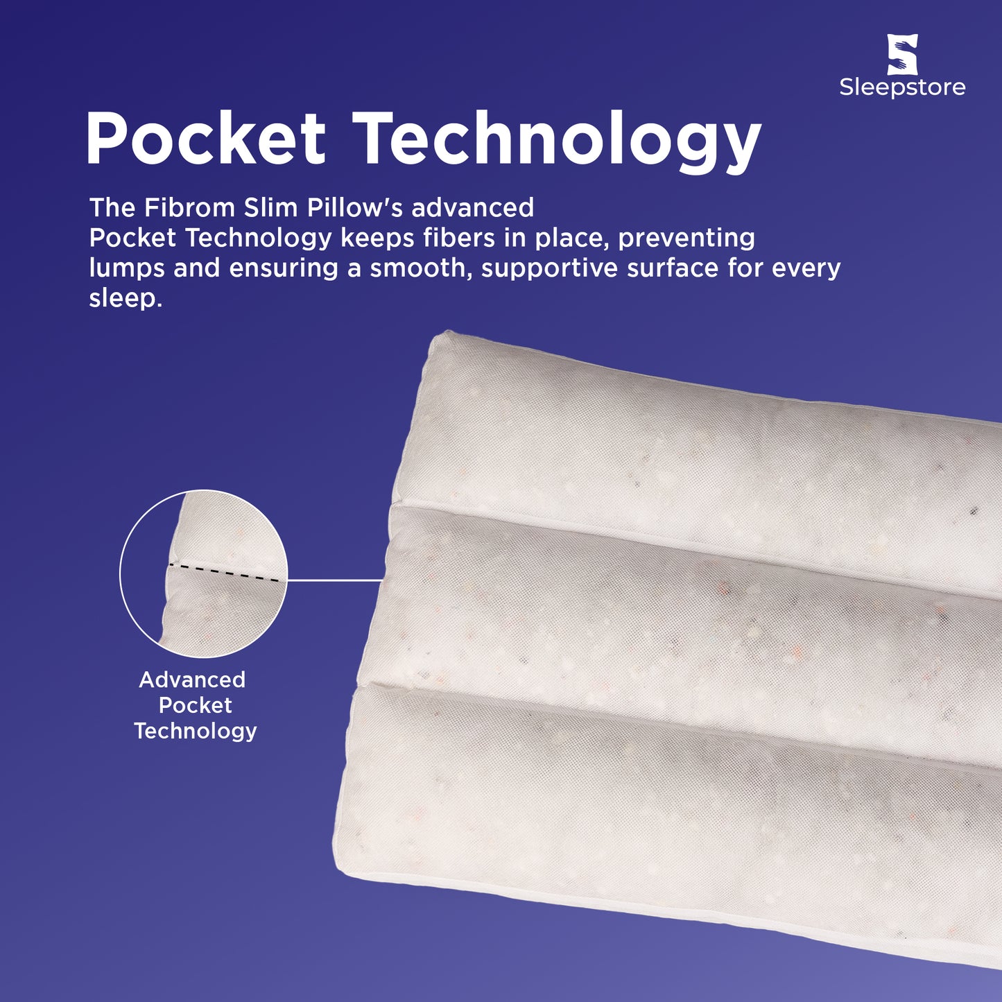 Sleepstore Fibrom Slim Pillow with advanced pocket technology for lump-free support.