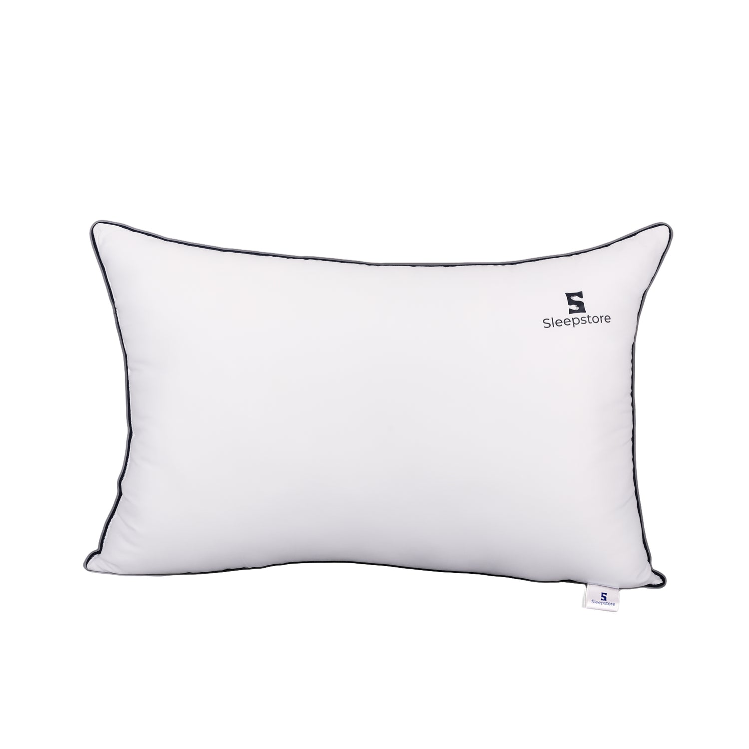 Soft white rectangular Sleepstore pillow with black piping, offering plush comfort and stylish design.
