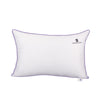 White rectangular Sleepstore pillow with purple piping and brand logo on the cover.