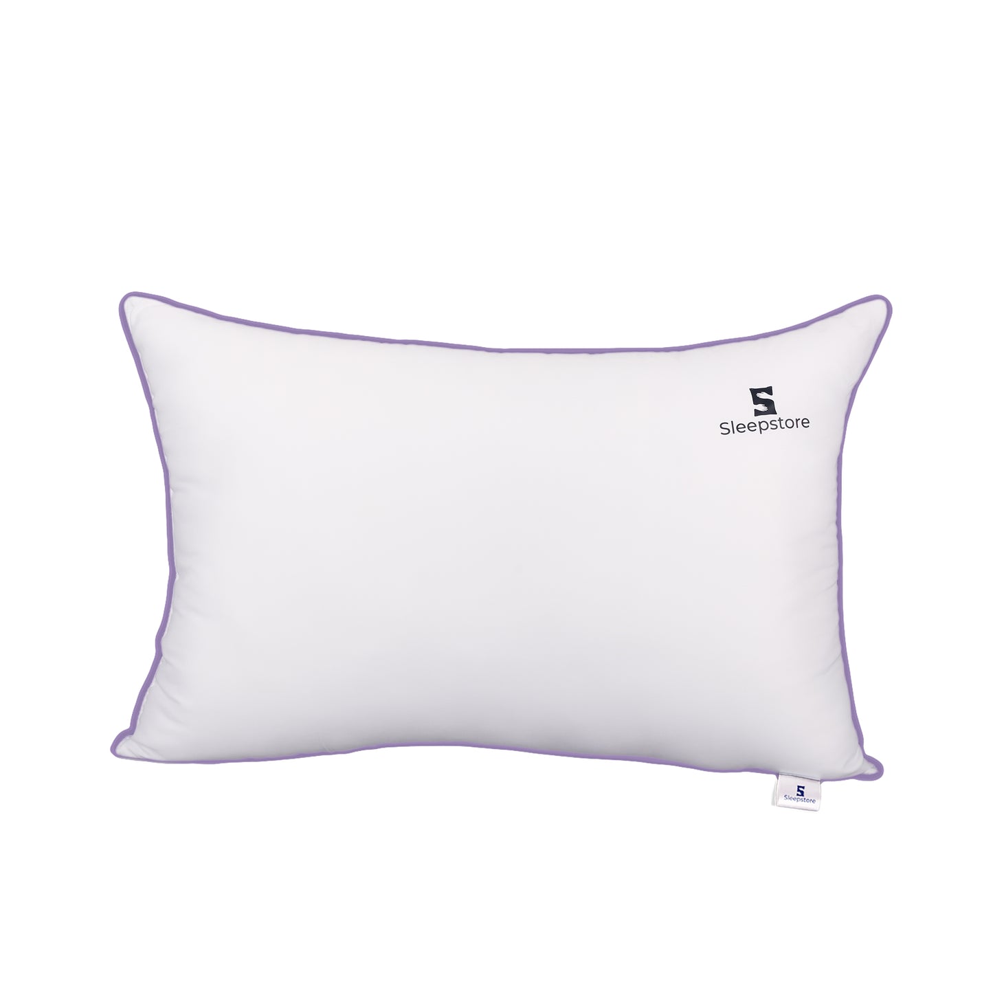 White rectangular Sleepstore pillow with purple piping and brand logo on the cover.