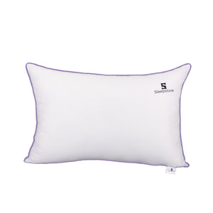White rectangular Sleepstore pillow with purple piping and brand logo on the cover.