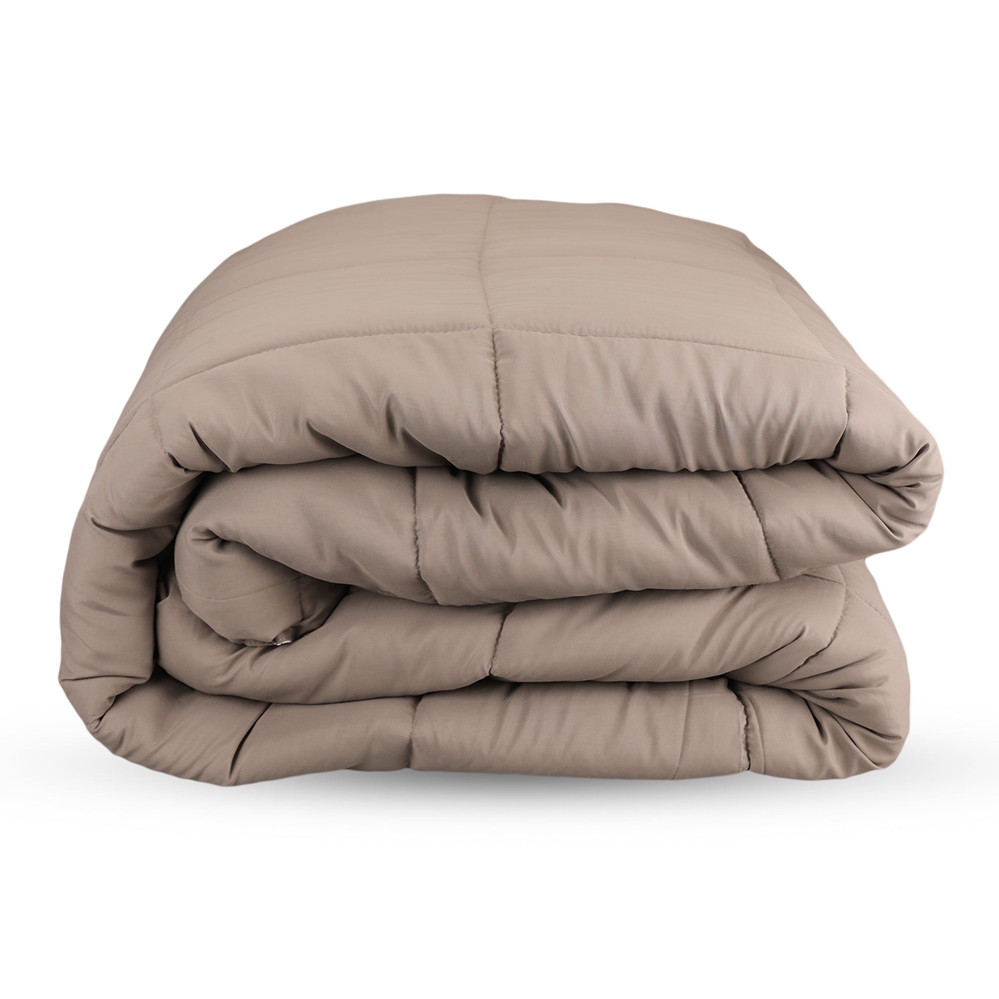 Folded beige comforter with soft quilted design, neatly stacked for display.