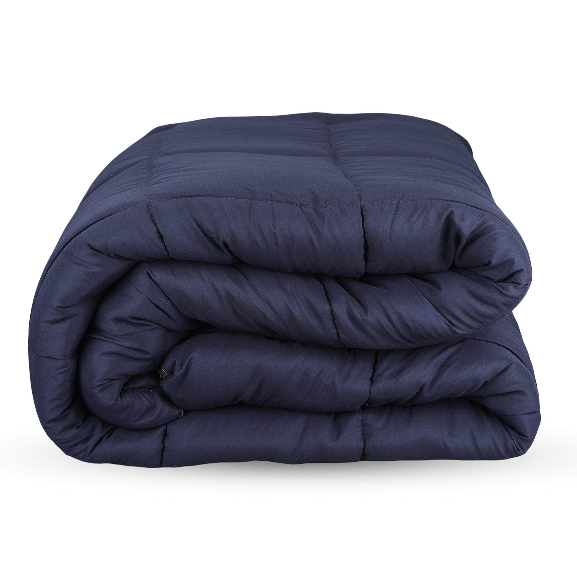 Folded navy blue comforter with quilted stitching, neatly arranged for display.