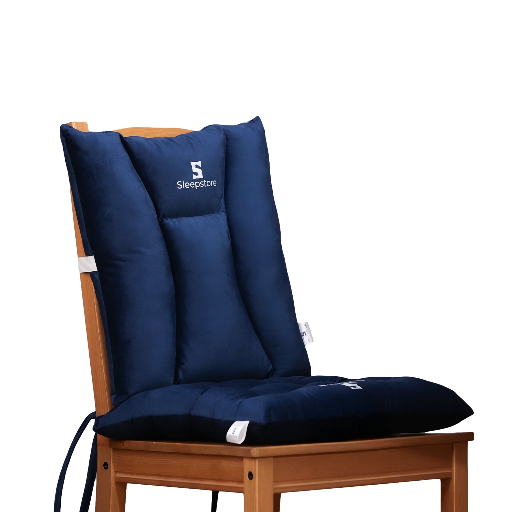 Navy blue Sleepstore chair pad cushion with back support placed on wooden chair.