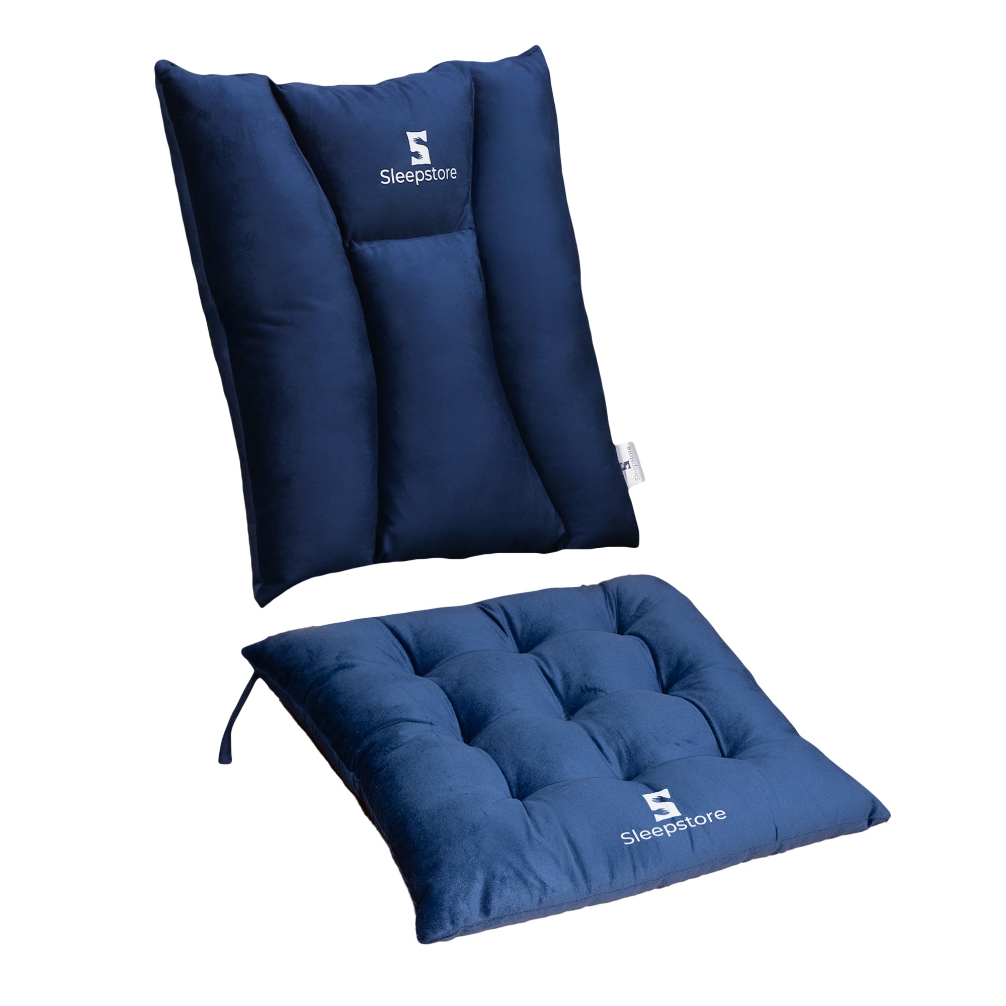 Navy blue Sleepstore chair pad cushion set with backrest and seat cushion.