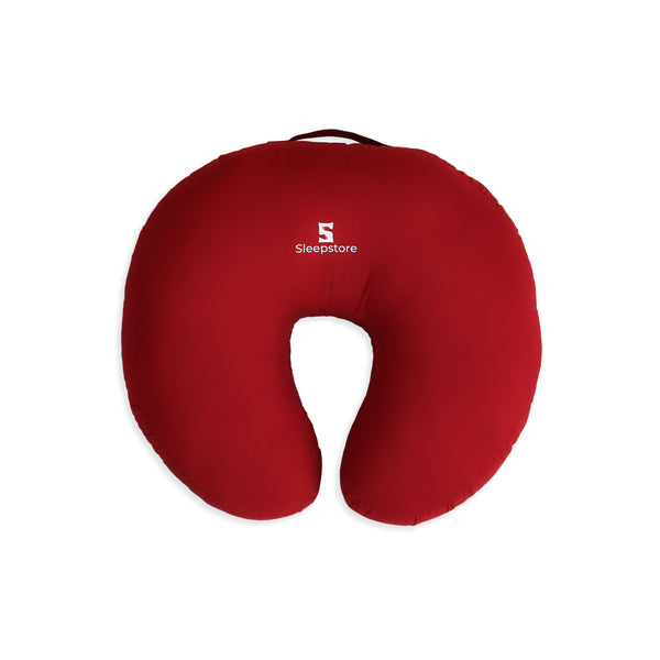 Red Sleepstore Feeder Pillow with ergonomic U-shape for nursing and bottle-feeding support