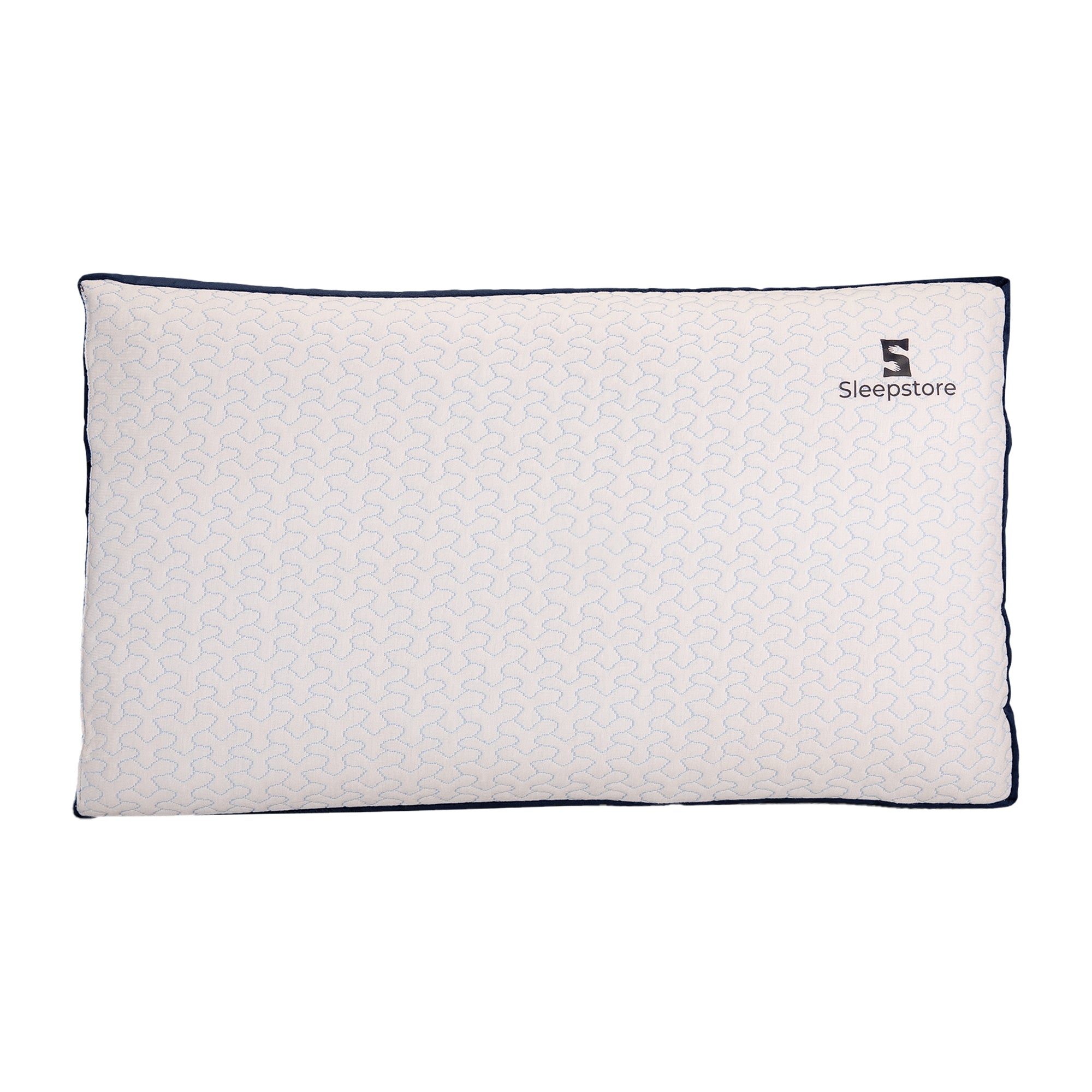 Sleepstore slim white pillow with blue piping and soft textured cover, rectangular shape.
