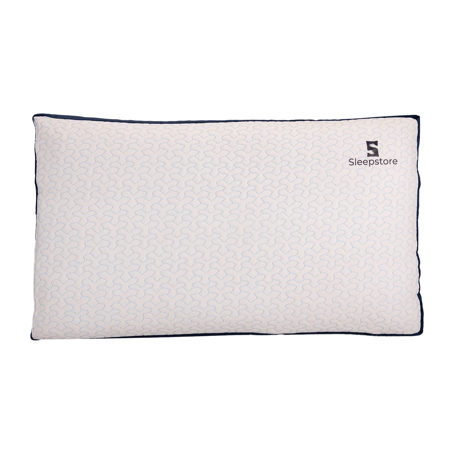 Sleepstore slim white pillow with blue piping and soft textured cover, rectangular shape.