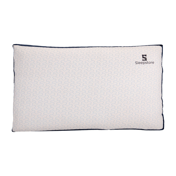 Sleepstore slim white pillow with blue piping and soft textured cover, rectangular shape.