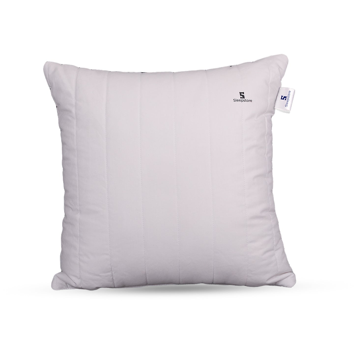 Square white Sleepstore cushion pillow with vertical stitched design on plain background.