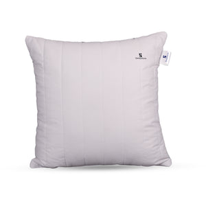 Square white Sleepstore cushion pillow with vertical stitched design on plain background.