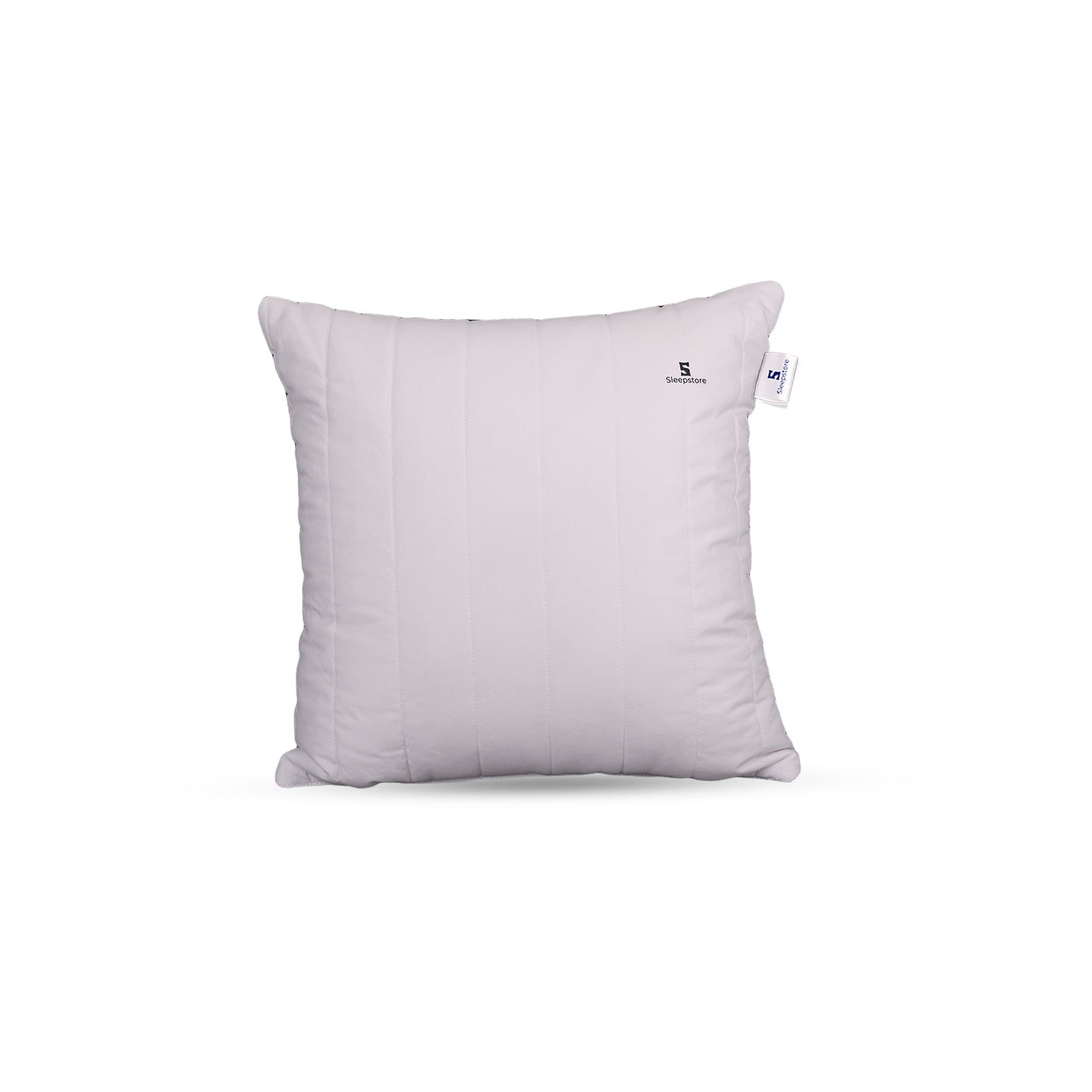 White square Sleepstore cushion pillow with stitched vertical design on plain background.
