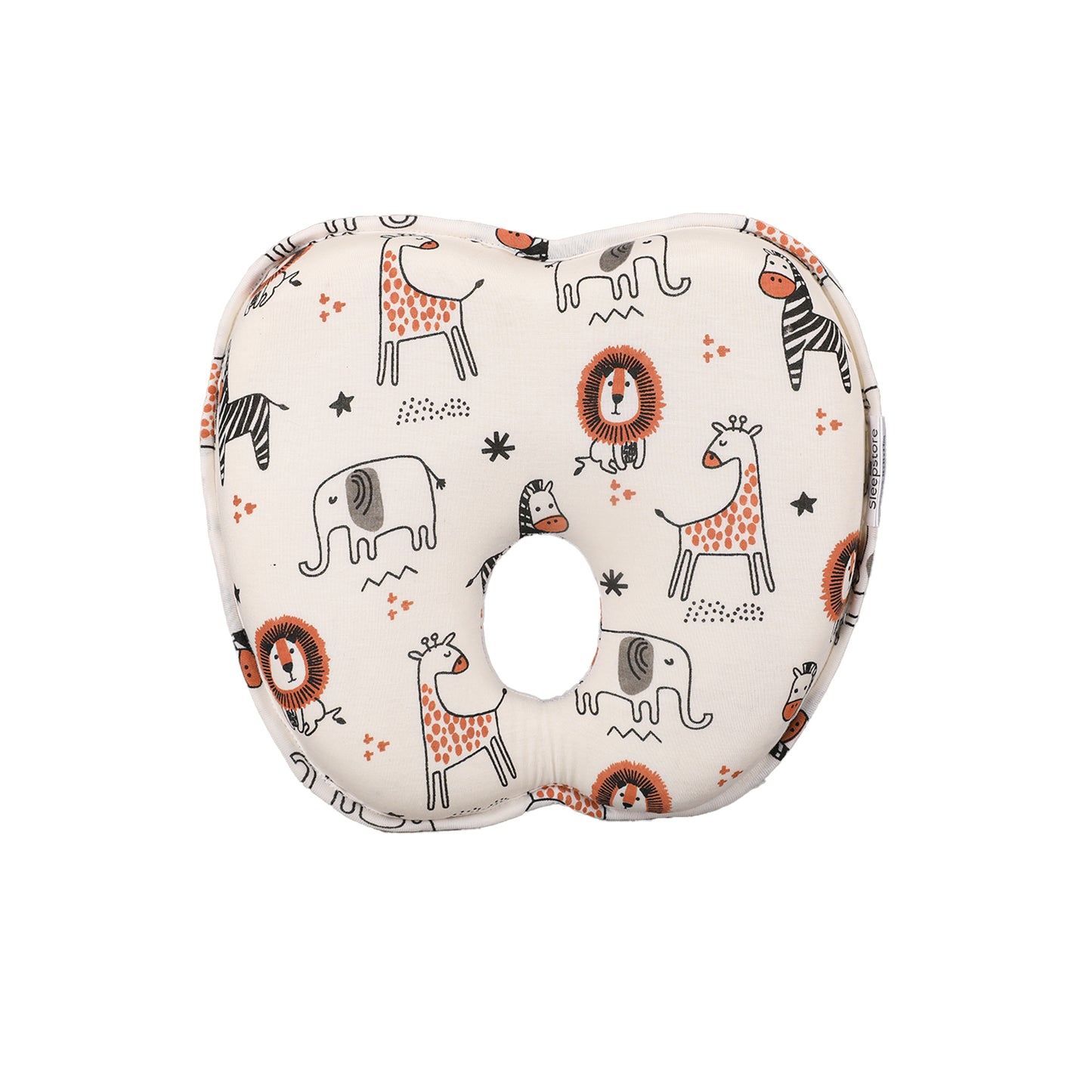 Baby pillow with cute jungle animal print and central hole for head shaping support.