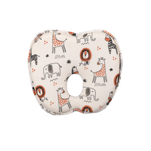 Baby pillow with cute jungle animal print and central hole for head shaping support.