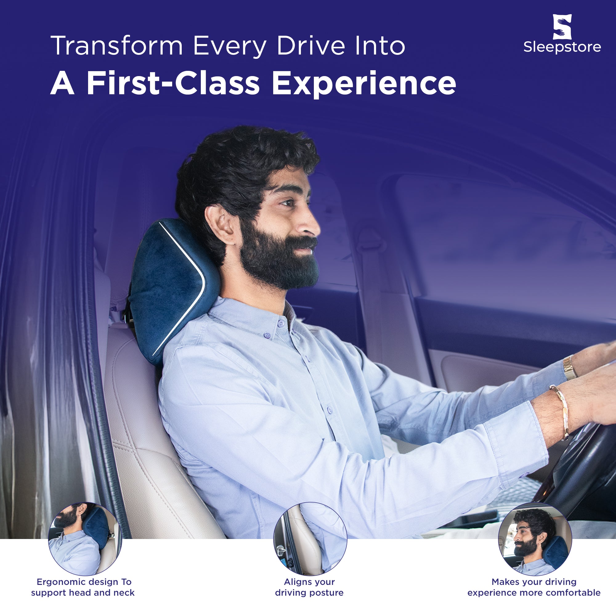 Man driving car with blue memory foam neck pillow for head support and better posture