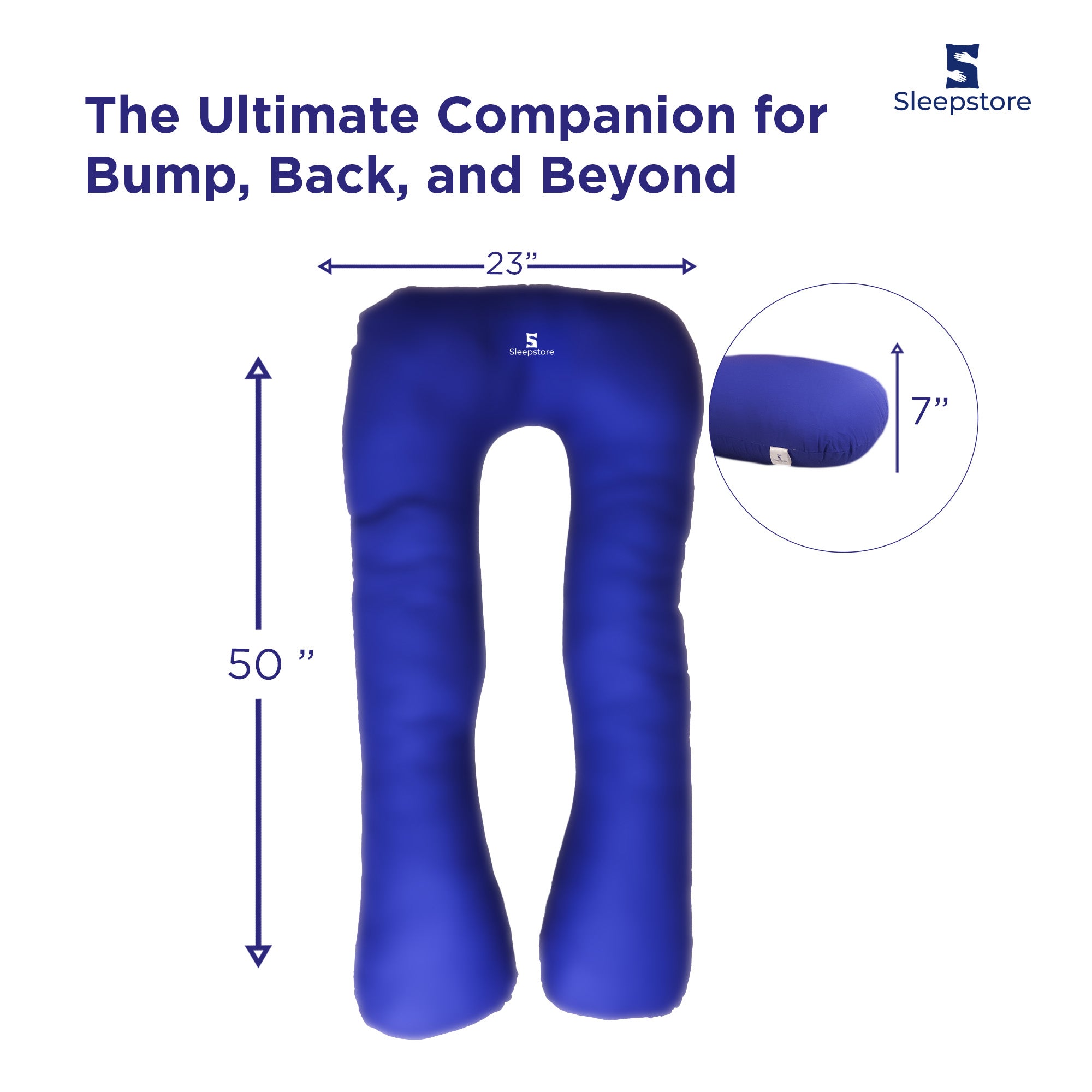 Blue U-shaped body pillow with dimensions 50" length, 23" width, and 7" thickness.