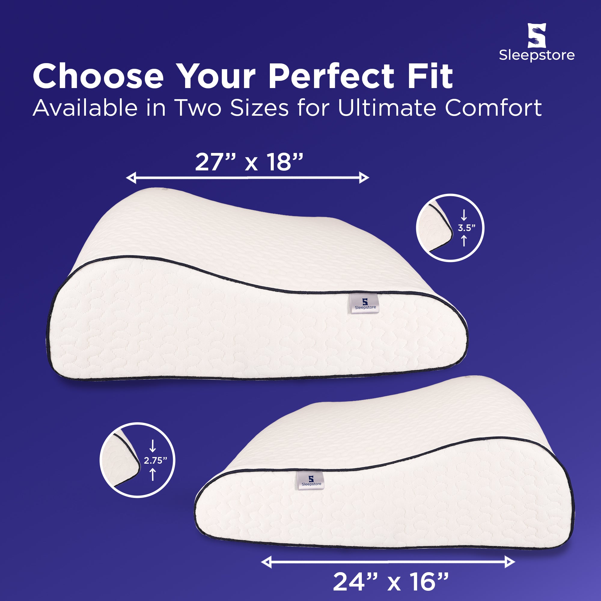 Sleepstore pillow with measurements on a blue background