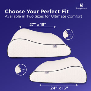 Sleepstore pillow with measurements on a blue background