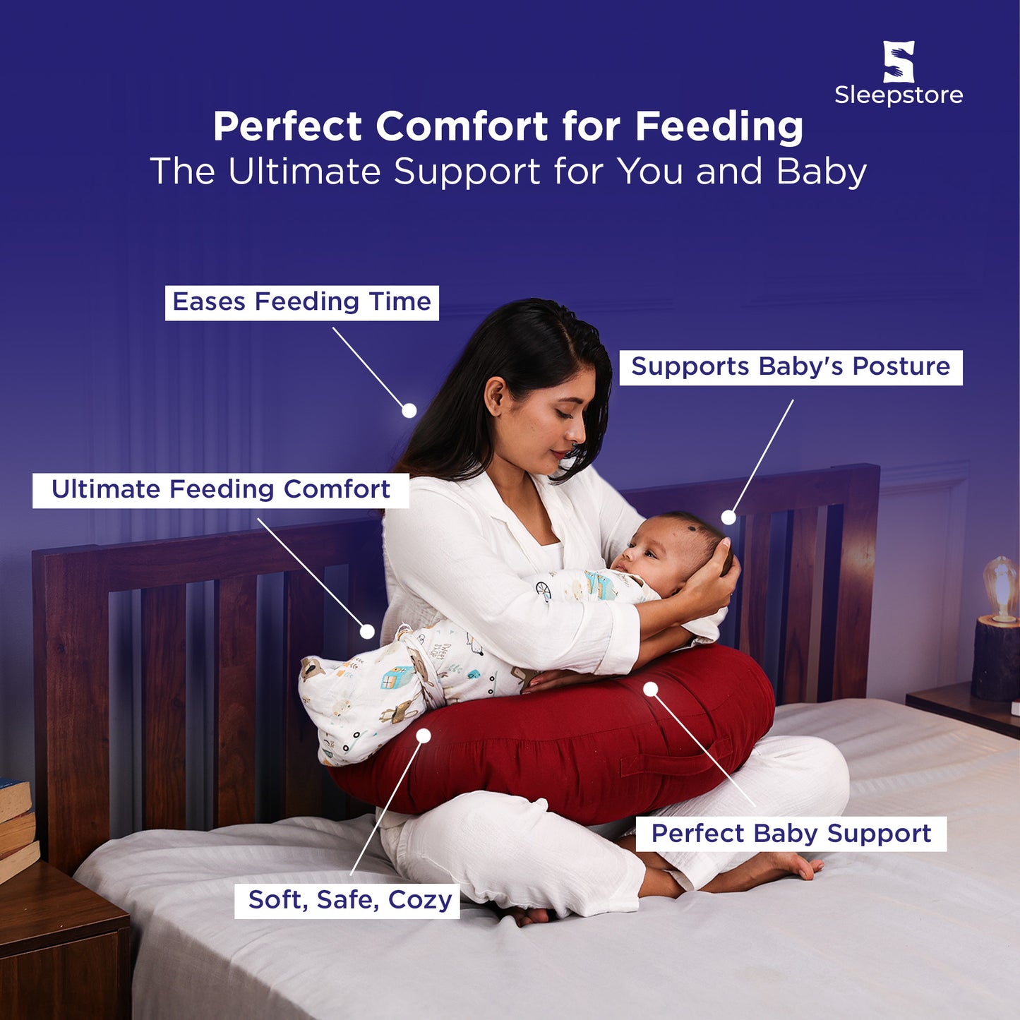 Mother using Sleepstore feeding pillow for baby support, comfort, and posture.