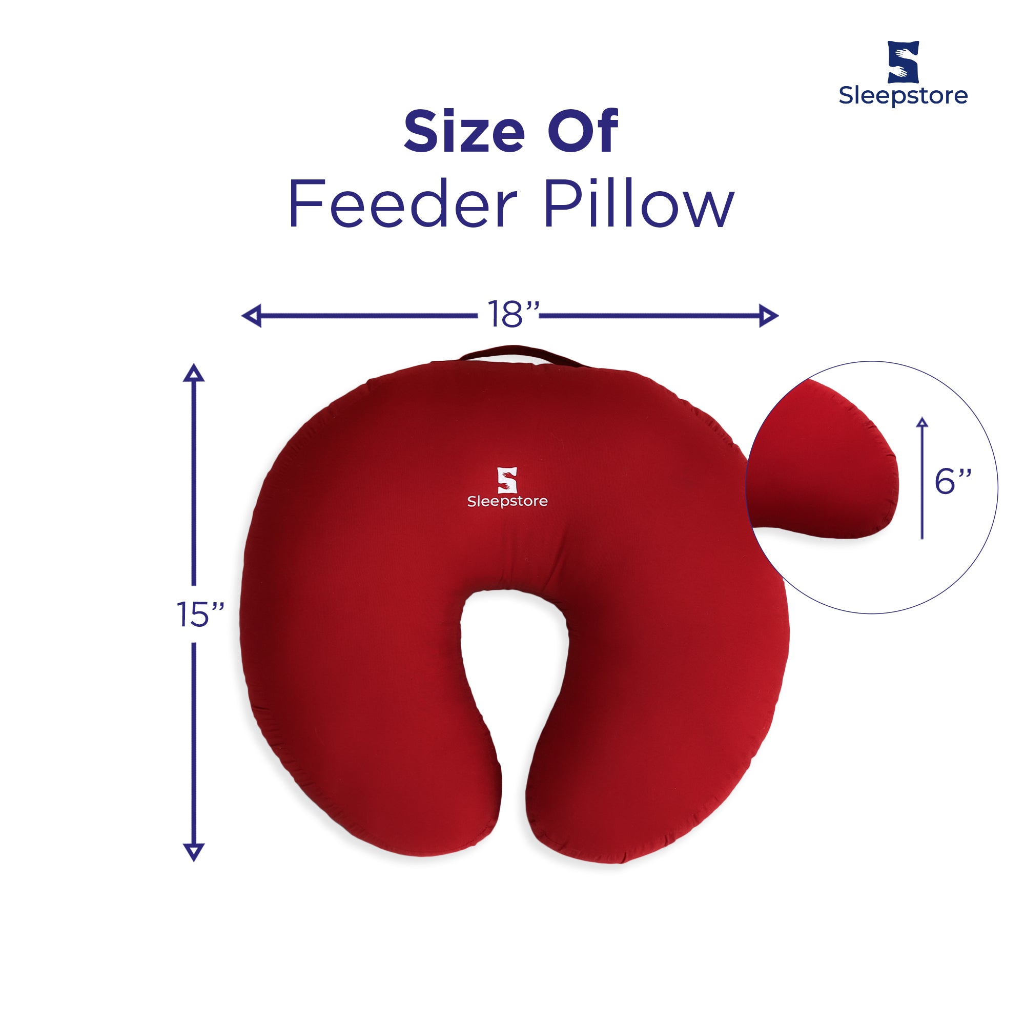 Red Sleepstore feeder pillow with size dimensions 18x15x6 inches shown.