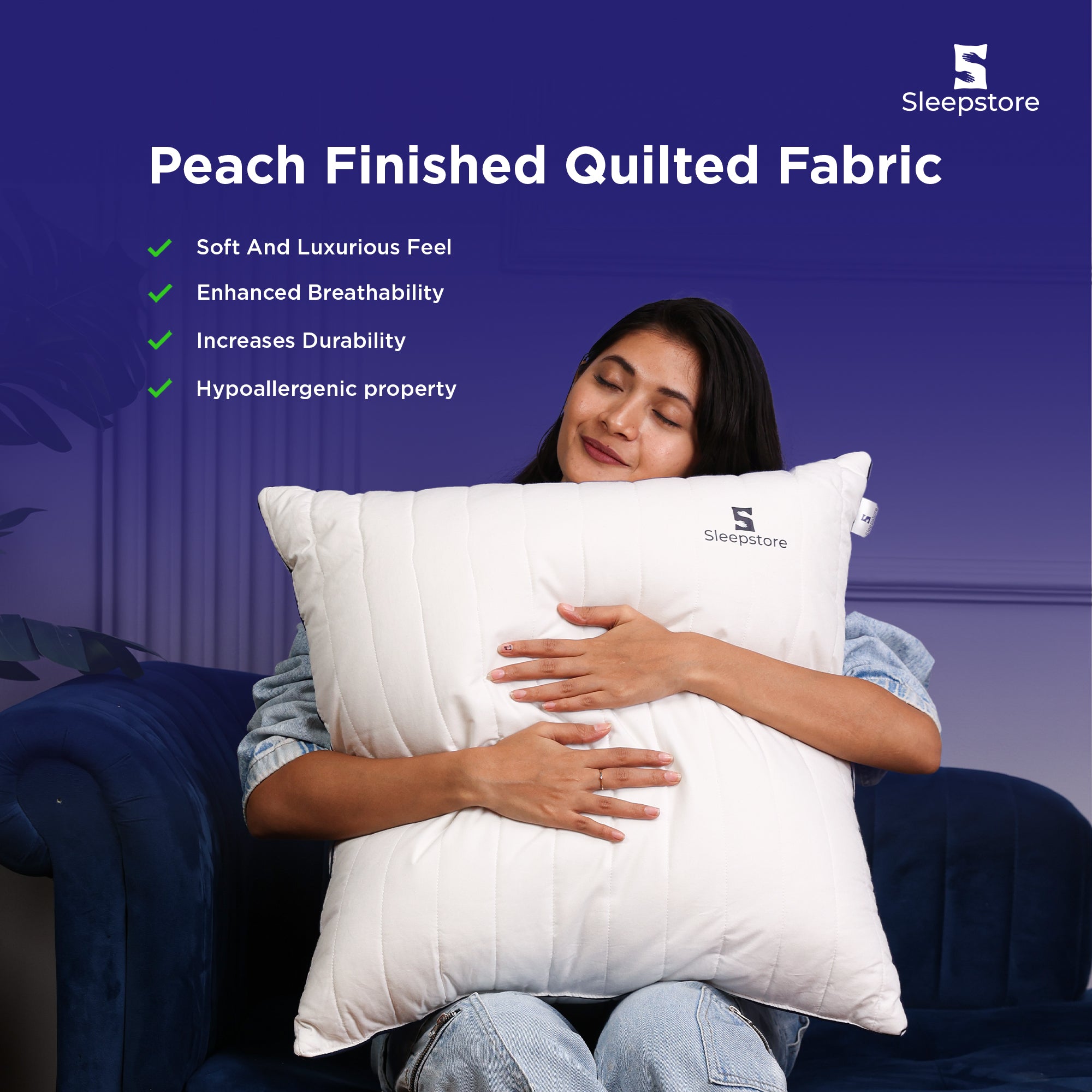 Woman hugging Sleepstore pillow with text highlighting peach finished quilted fabric.