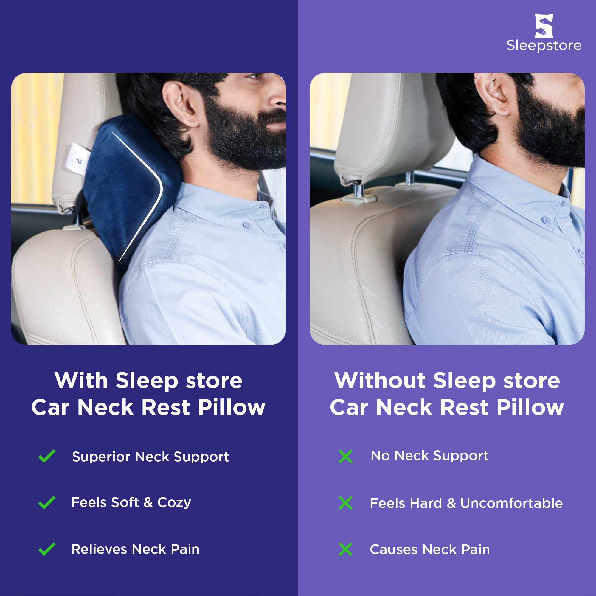 Comparison of man driving with and without blue car neck rest pillow showing better neck support and comfort.