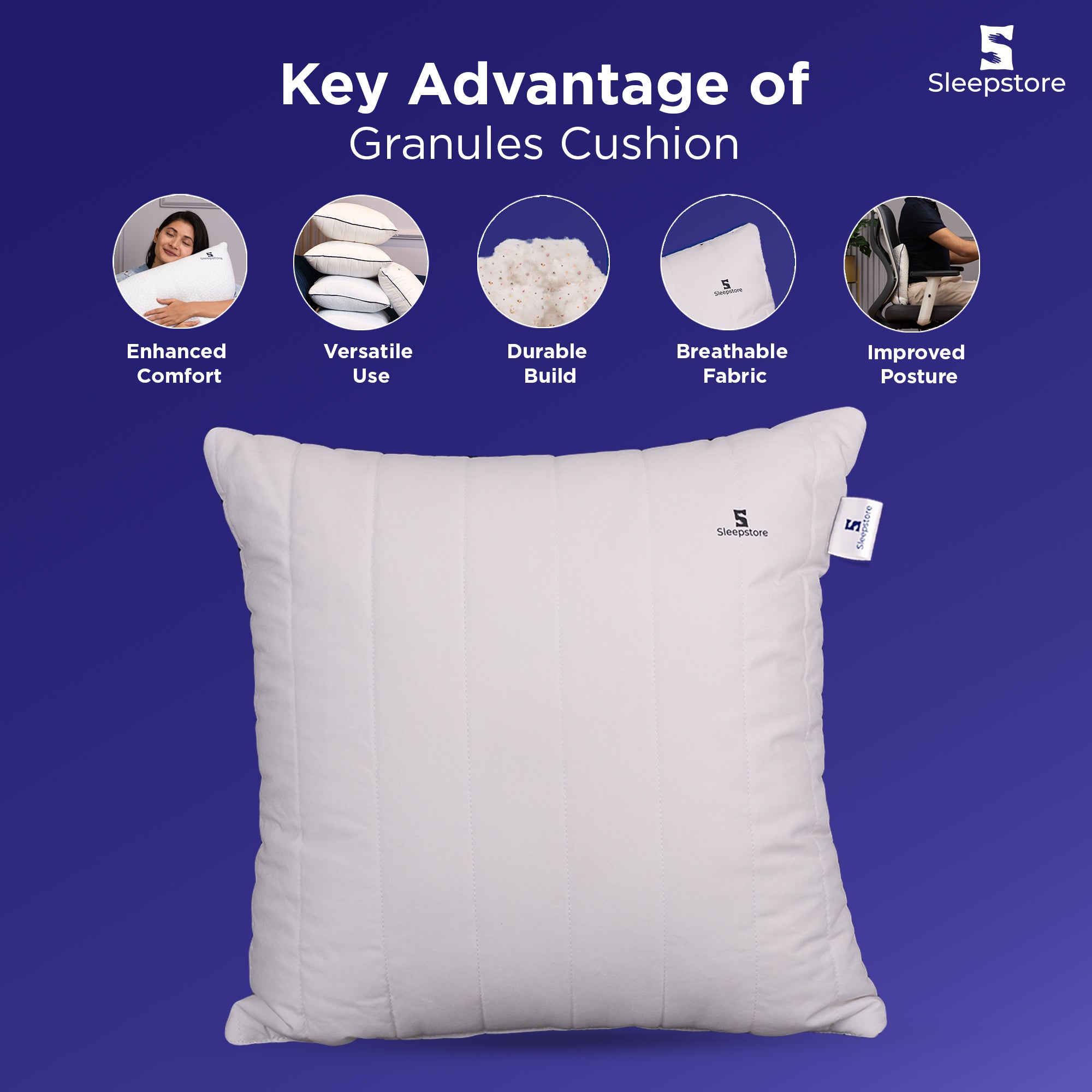 White Sleepstore granules cushion with key advantages like comfort, durability, and use.