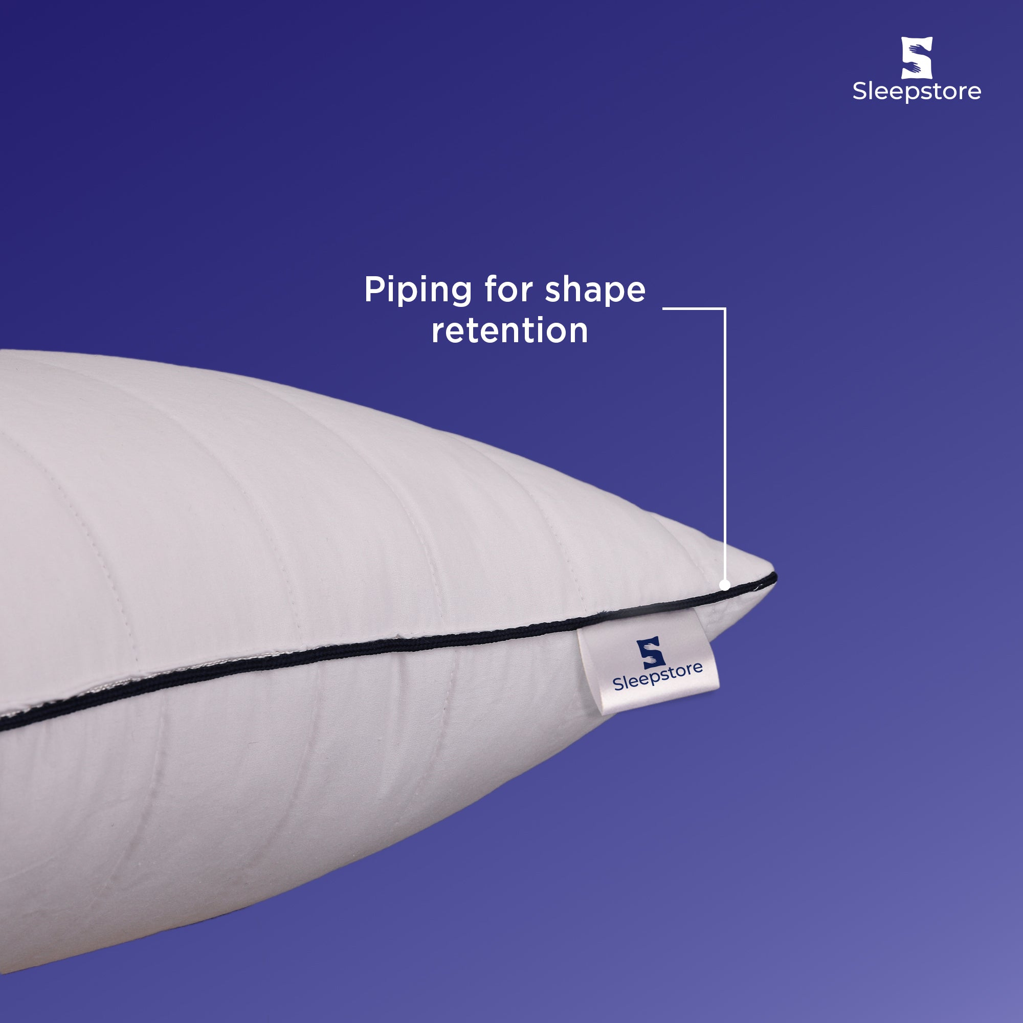 White Sleepstore pillow with black piping detail designed for better shape retention and support.